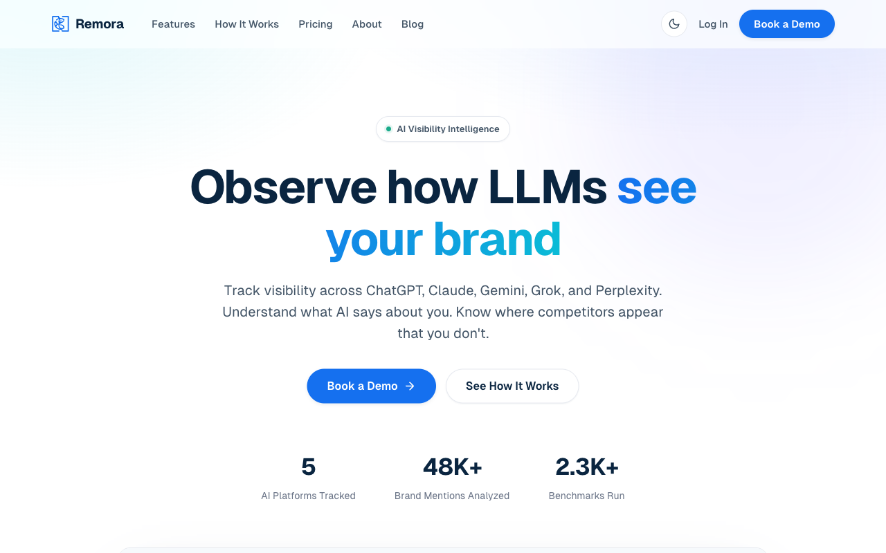 Remora homepage — Observe how LLMs see your brand: AI visibility intelligence tracking ChatGPT, Claude, Gemini, Grok, and Perplexity
